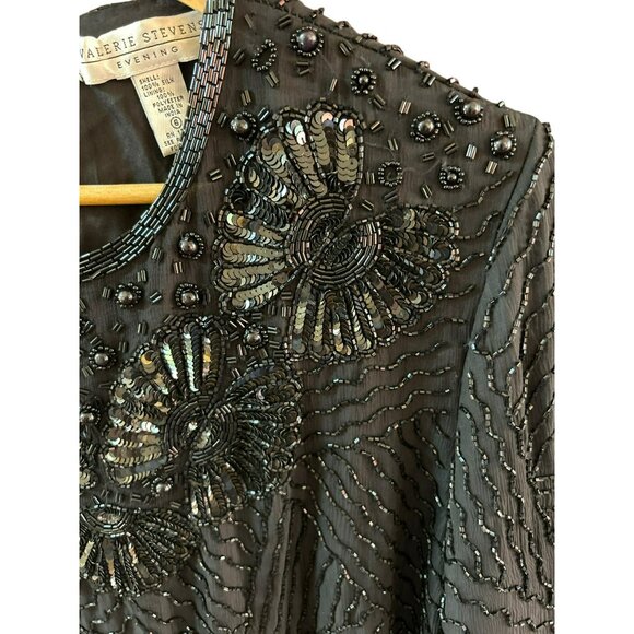 Valerie Stevens Black Beaded Silk Blend Long Sleeve Evening Top Size 6 Special - Picture 3 of 5